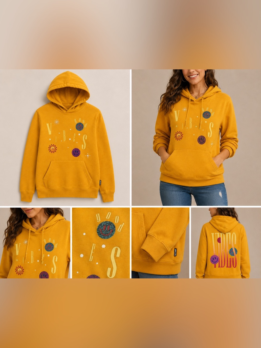 Brooklyn Cloth Hoodie Womens Size M Yellow Lightweight Pullover Good Vibes Cozy